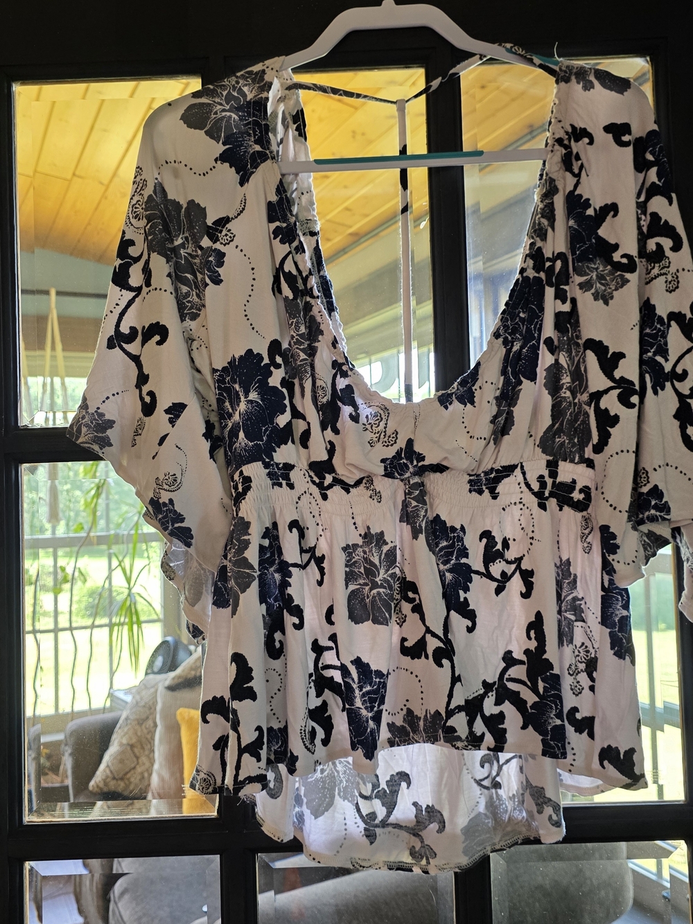 Free People White Blouse with Navy Floral Print